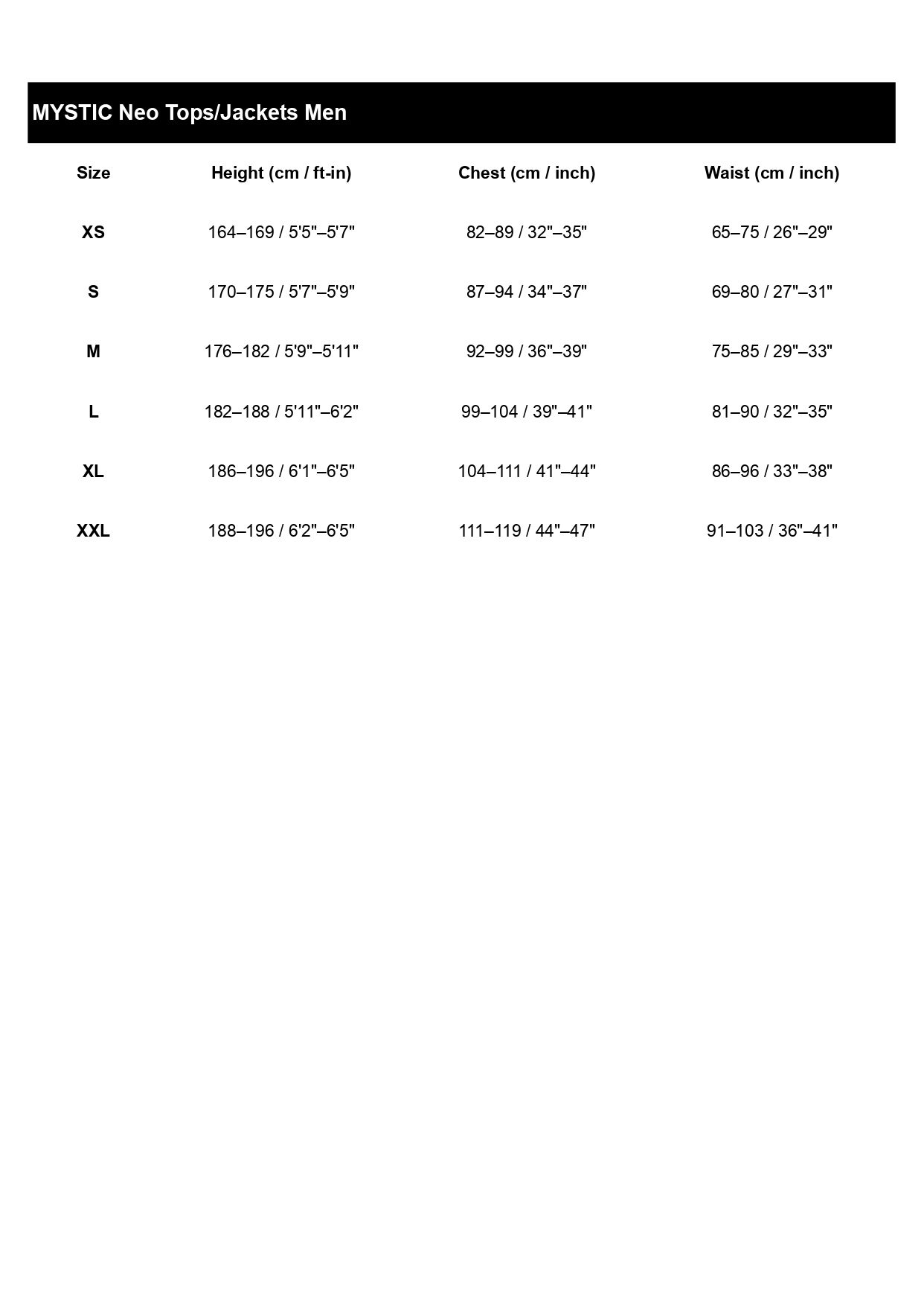 Size table