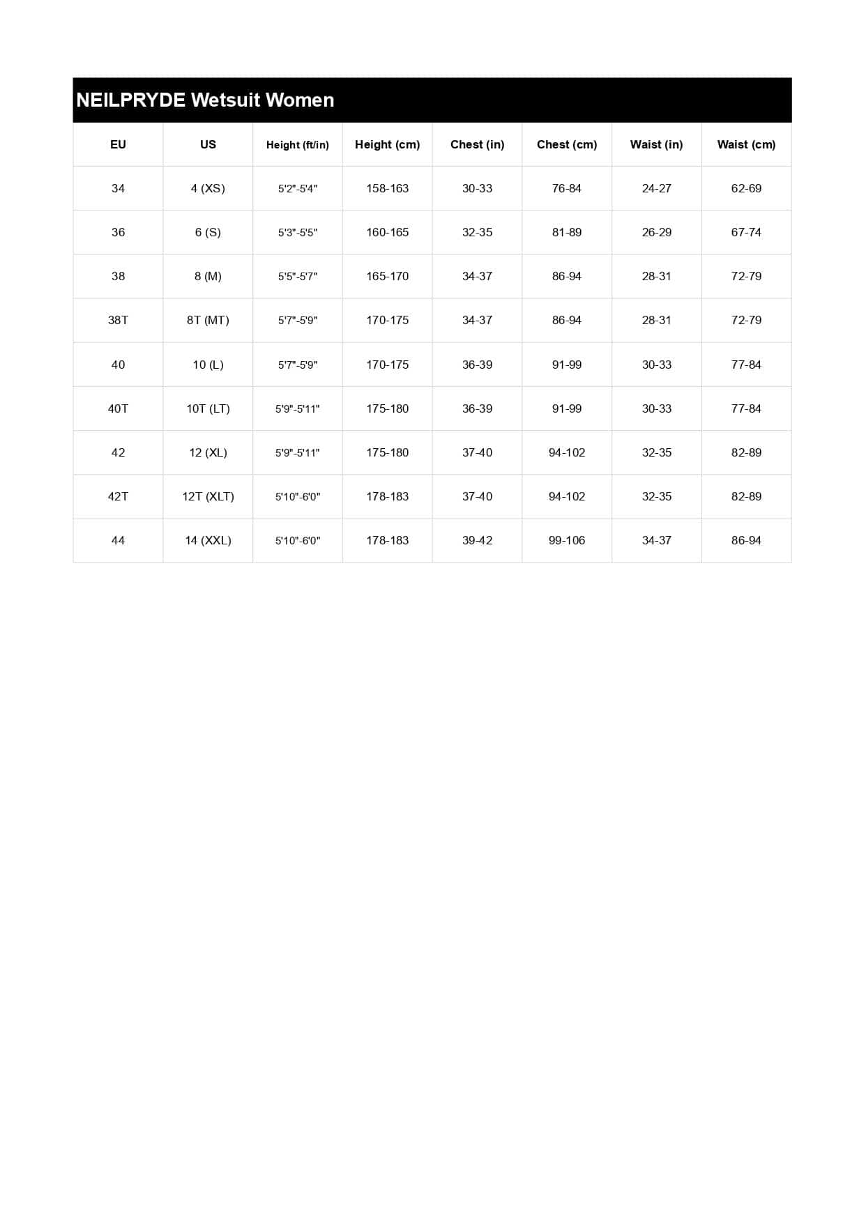 Size table