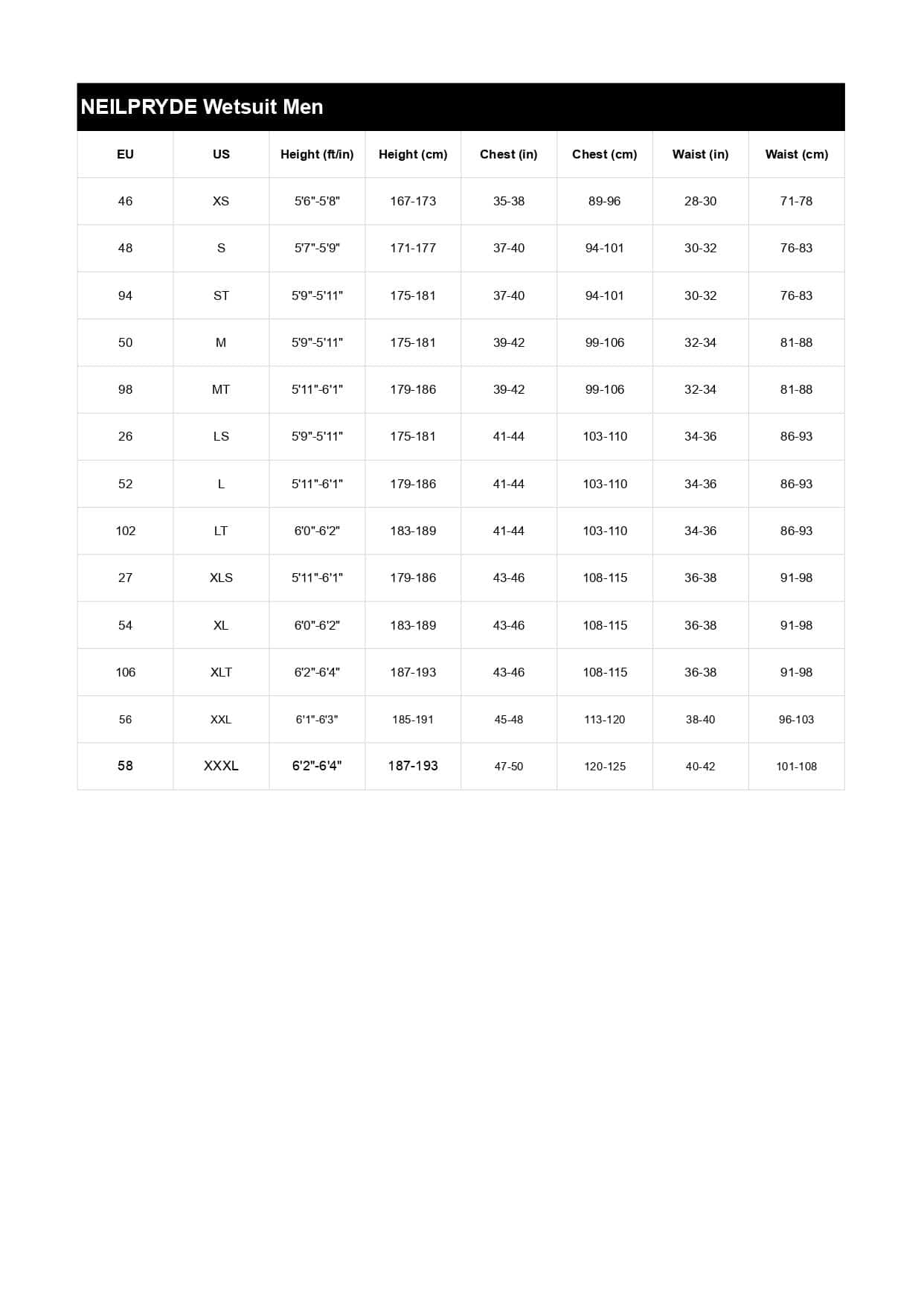 Size table