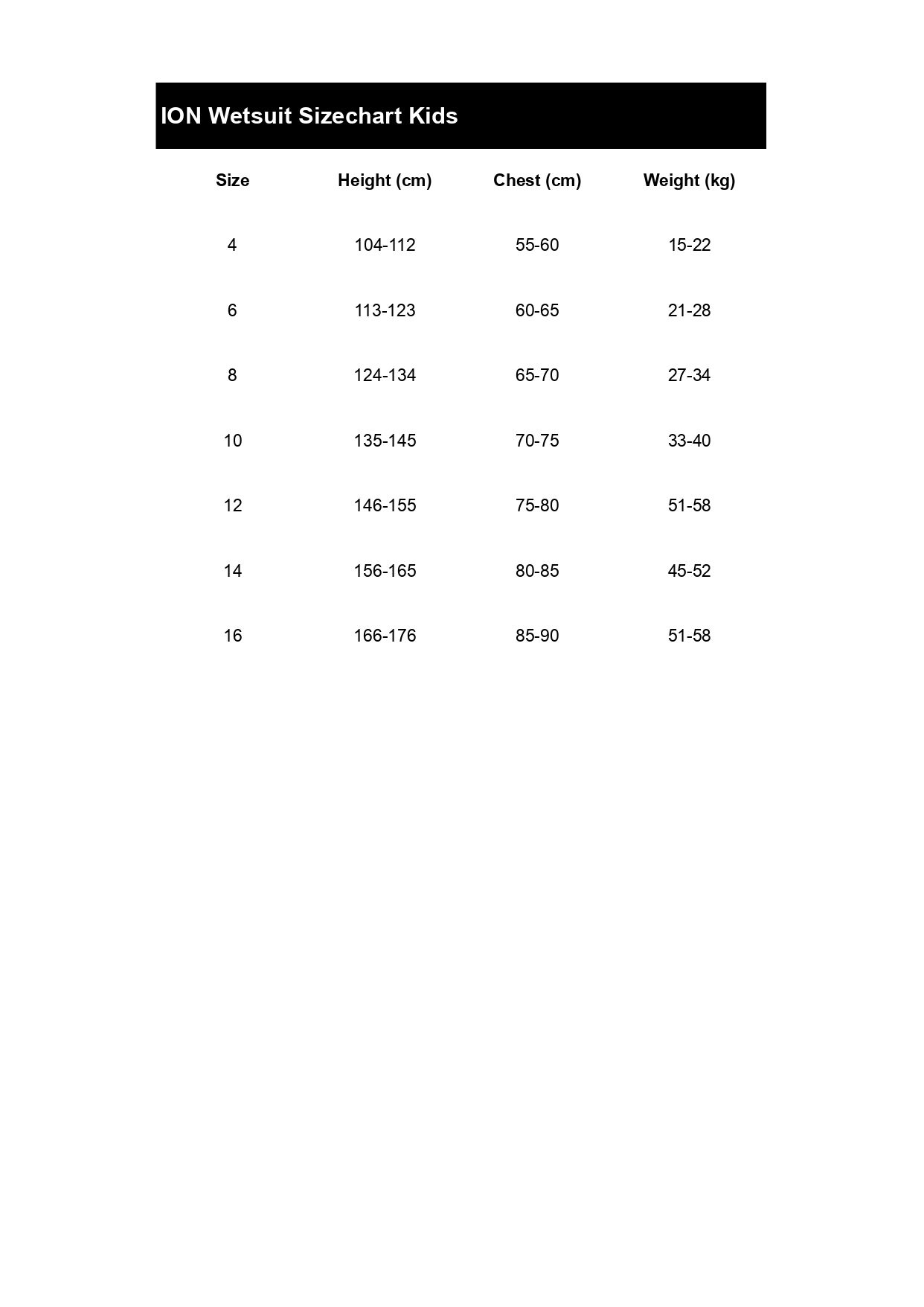 Size table