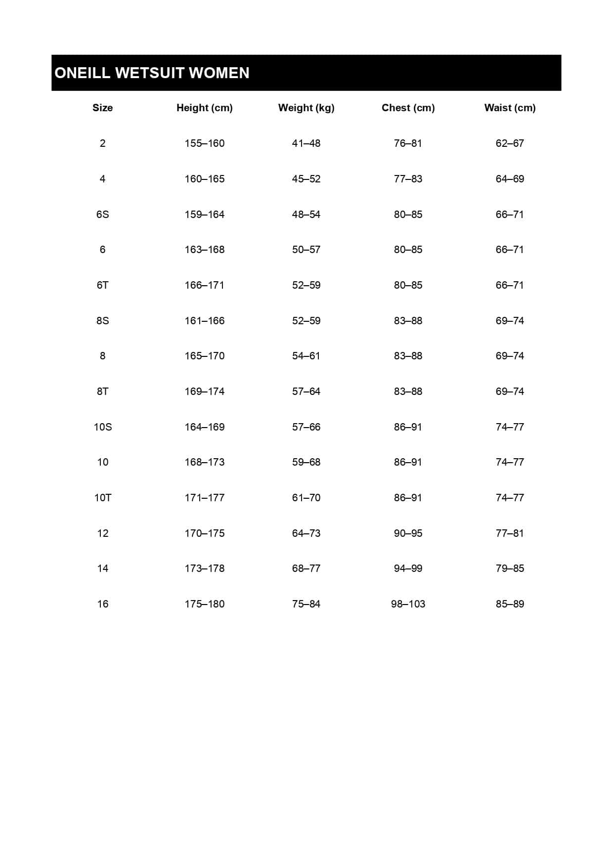 Size table