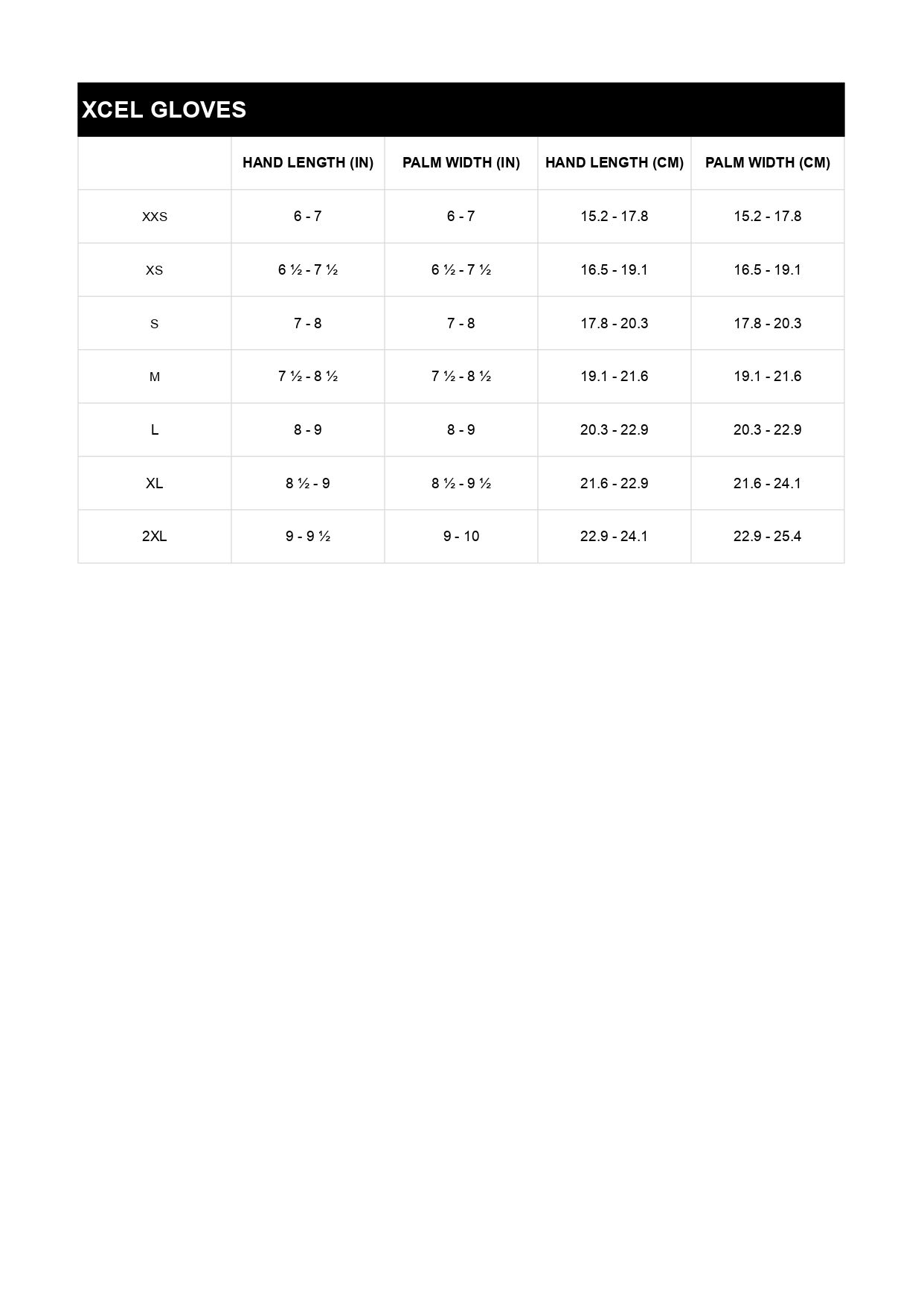 Size table